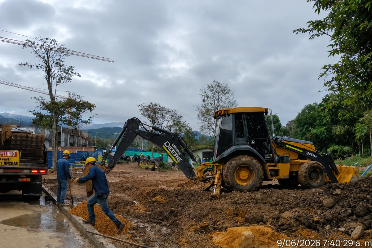 Excavación con retroexcavadora para obra vial